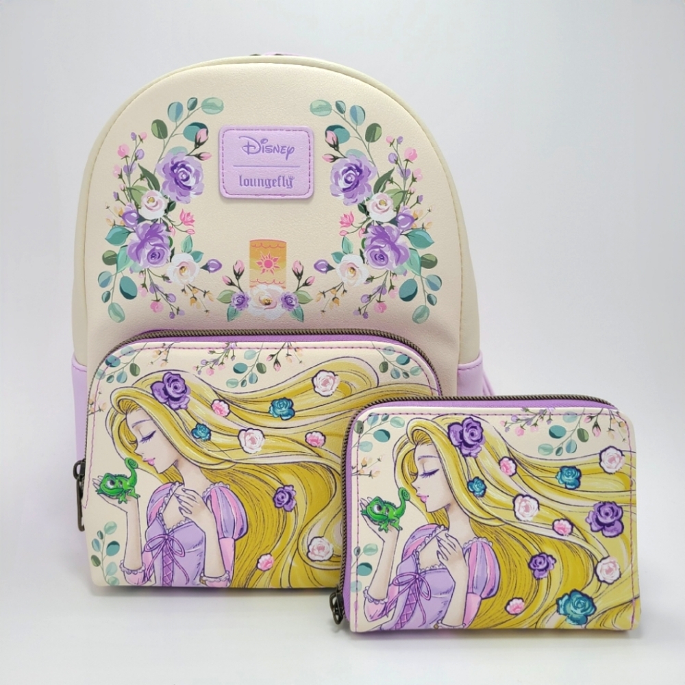 NWT Loungefly Disney Tangled Rapunzel & Pascal Flowers Mini Backpack & Wallet